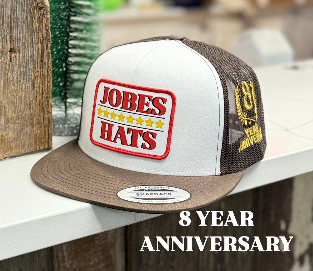 8 Year Anniversary JH cap - White/Brown with white patch - Jobes Hats, LLC