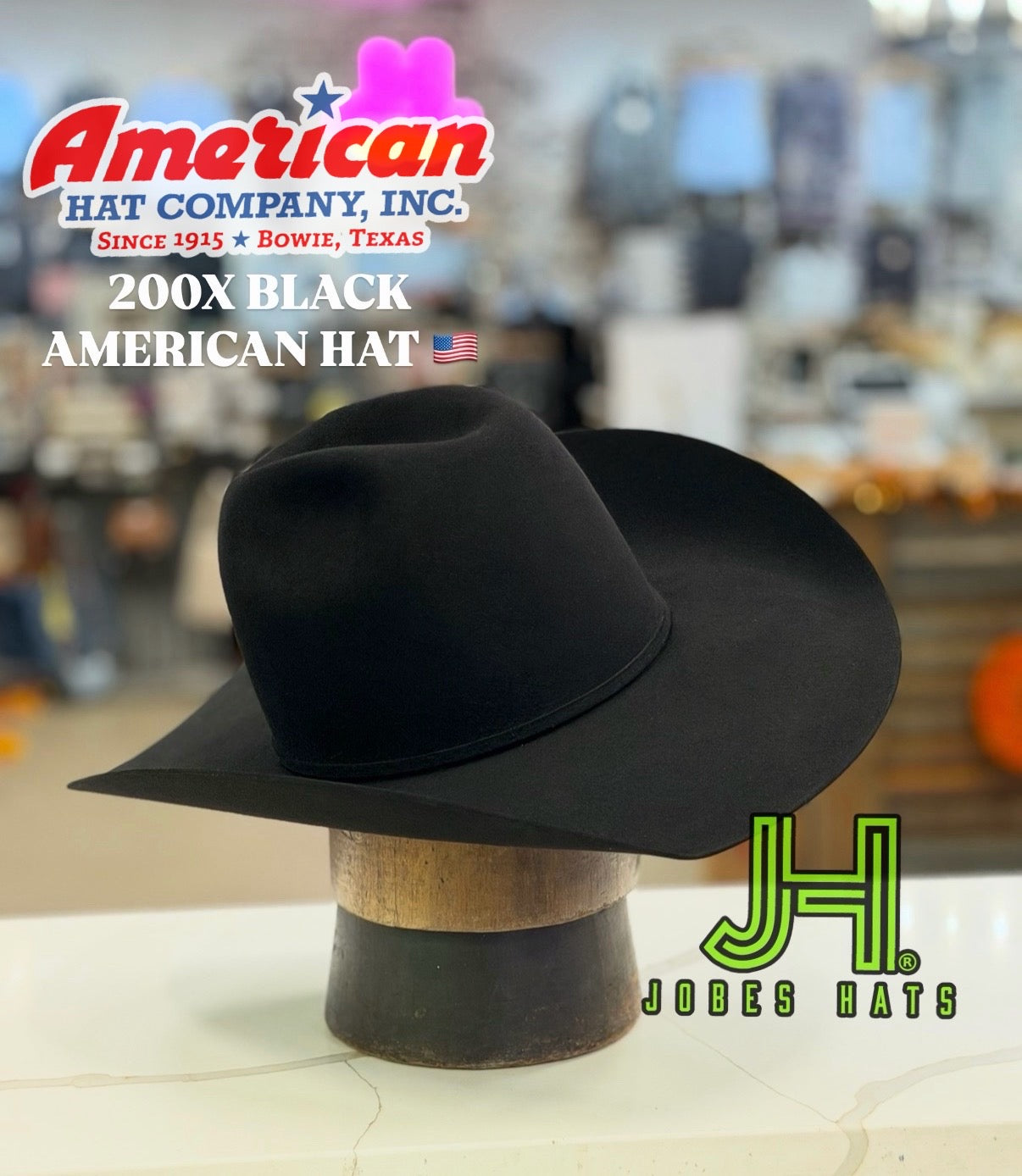 American Hat Co. 200X  black 4" 1/4 Brim R/O