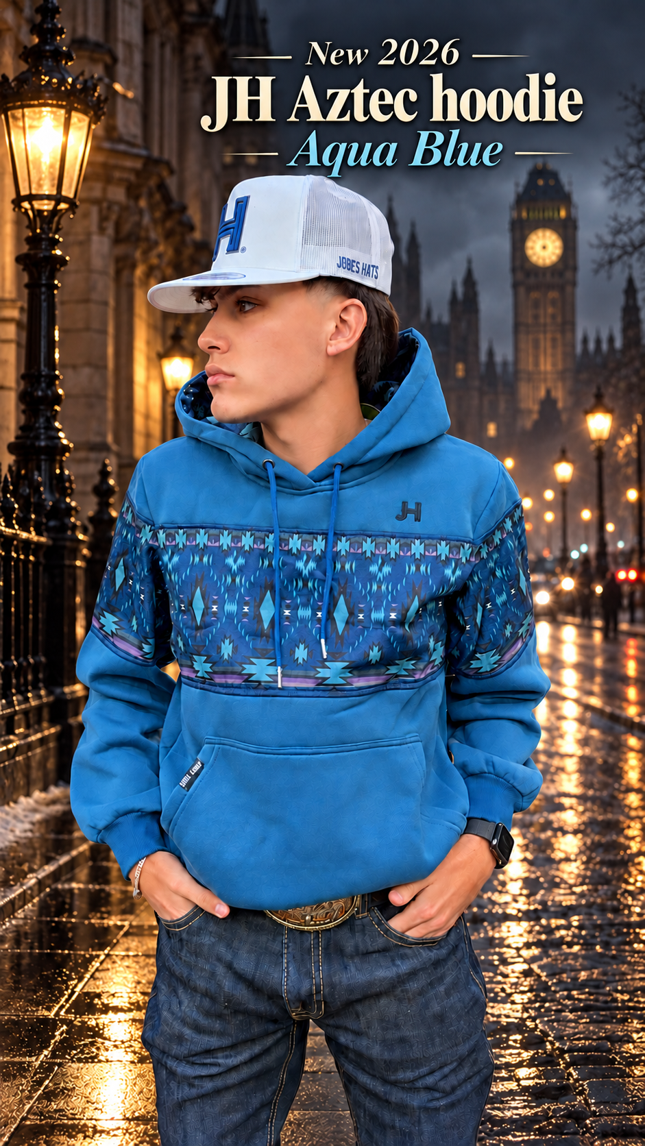 NEW JH Hoodie- Aztec Design Aqua Blue