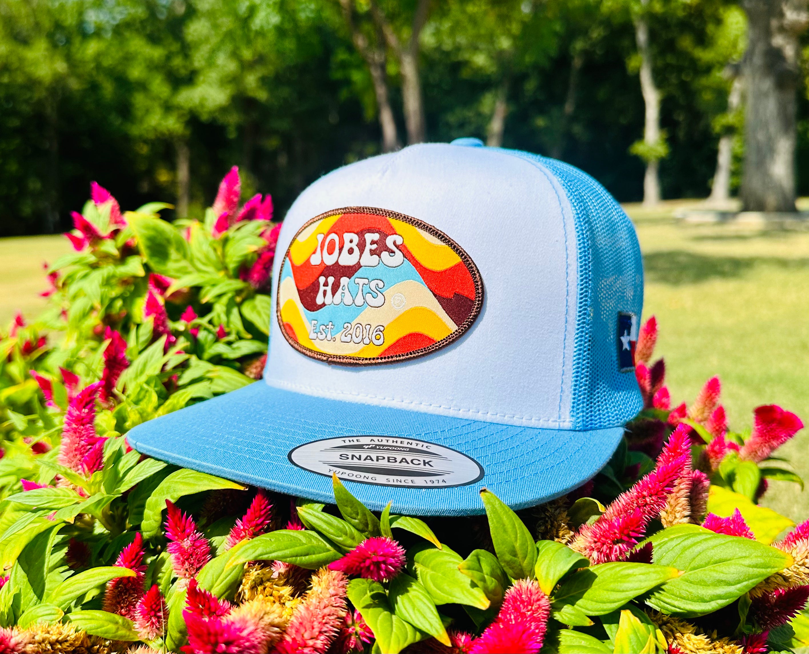 2023 August Collection Jobes Cap-  White/Baby Blue Retro patch - Jobes Hats