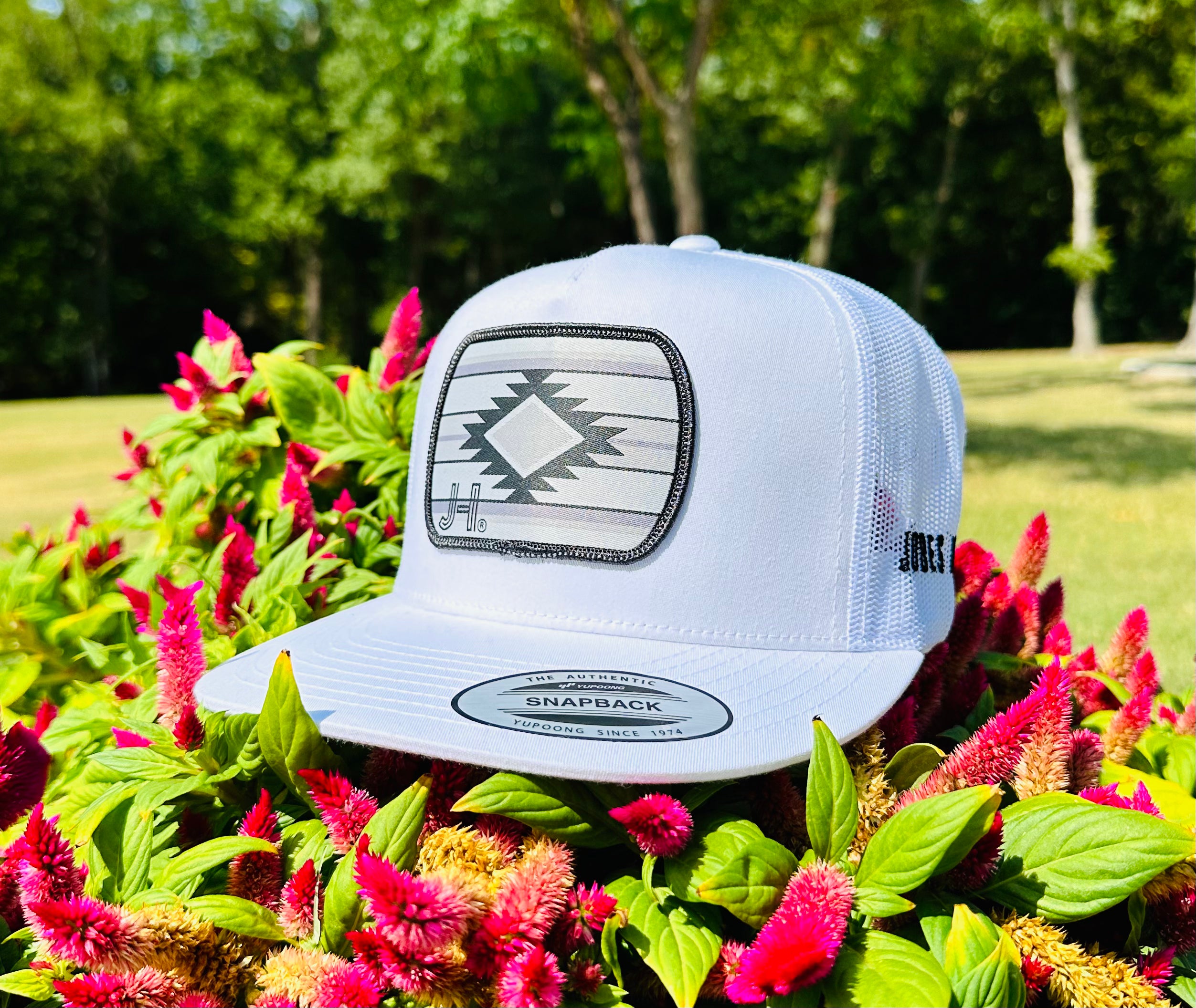 2023 August Collection Jobes Cap-  All White Grey Aztec patch - Jobes Hats