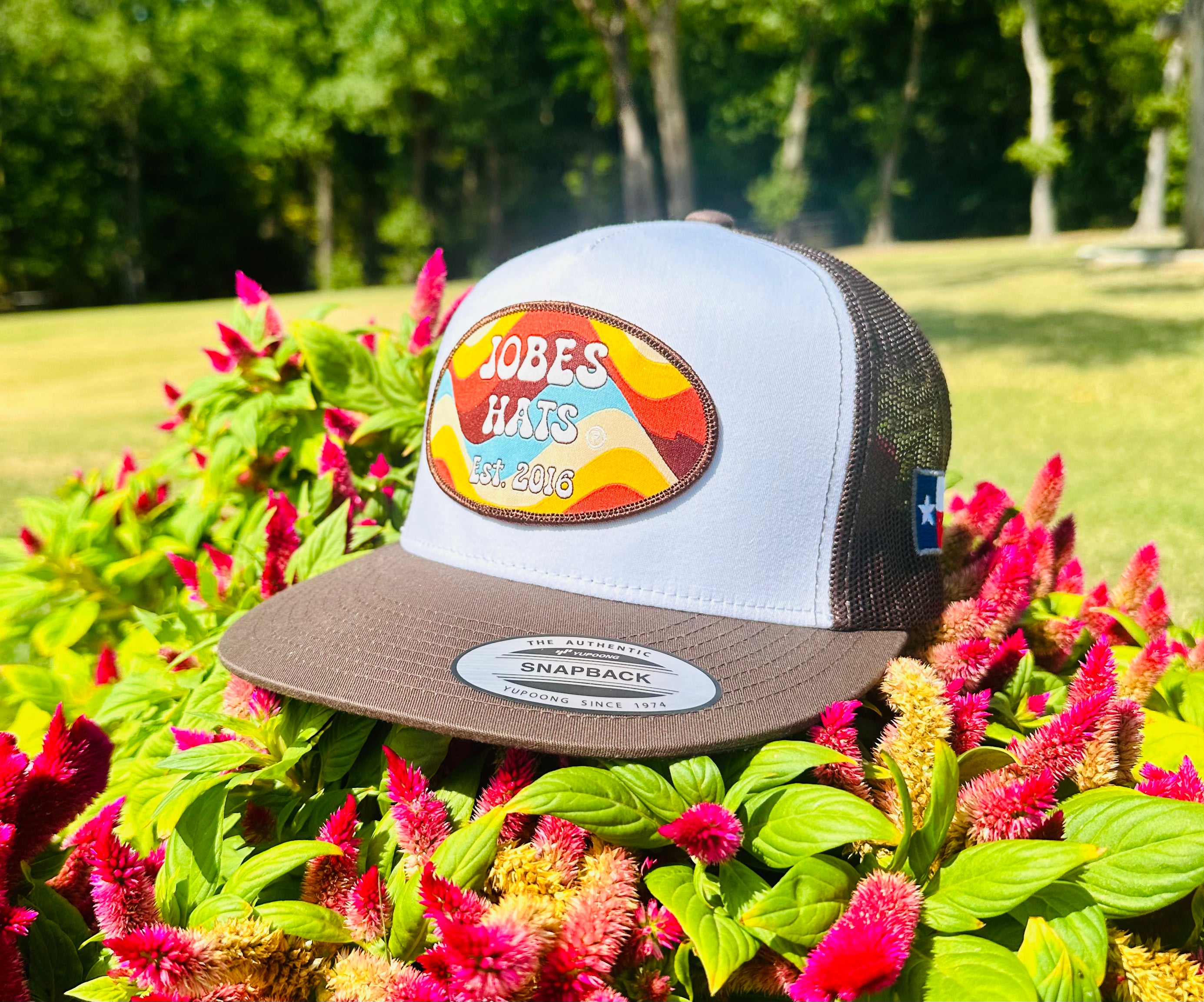 2023 August Collection Jobes Cap-  White/Brown Retro patch - Jobes Hats