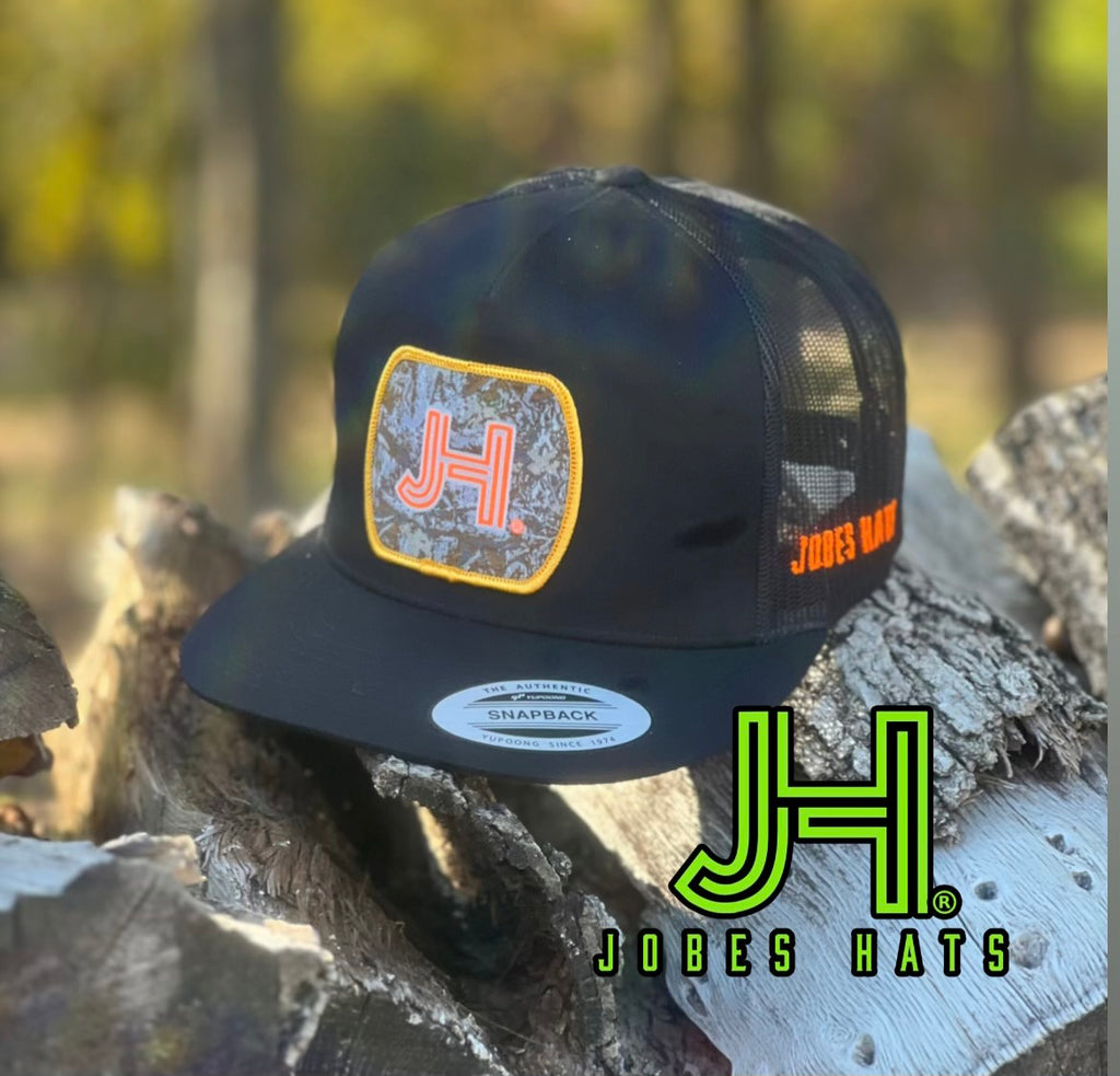2022 Jobes Hats All Black Camo Neon Orange Outline - Jobes Hats
