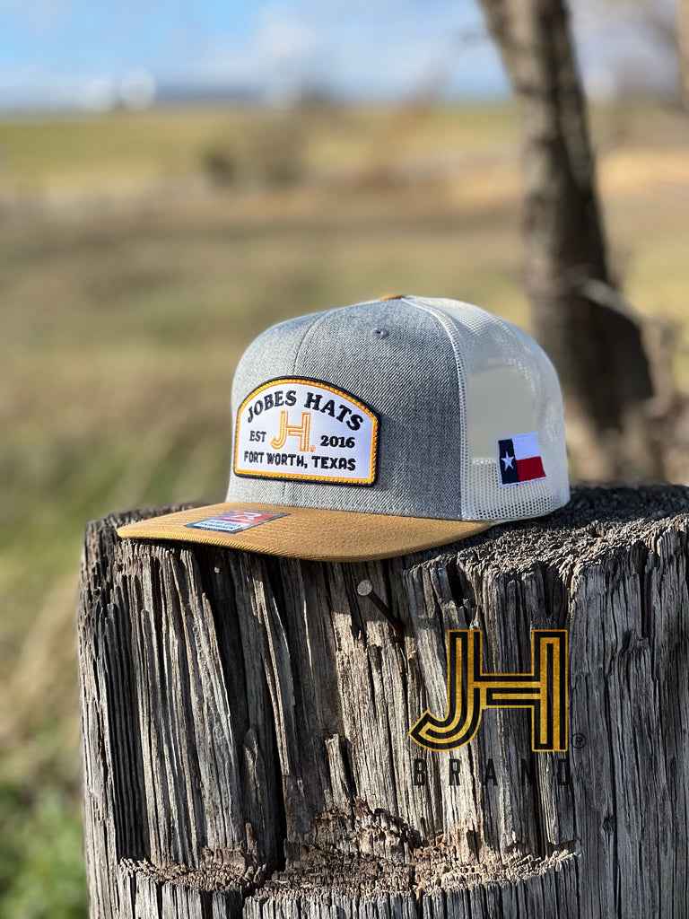 2022 Jobes Hats Trucker - Heather Grey Birch/ White JH yellow and white patch - Jobes Hats