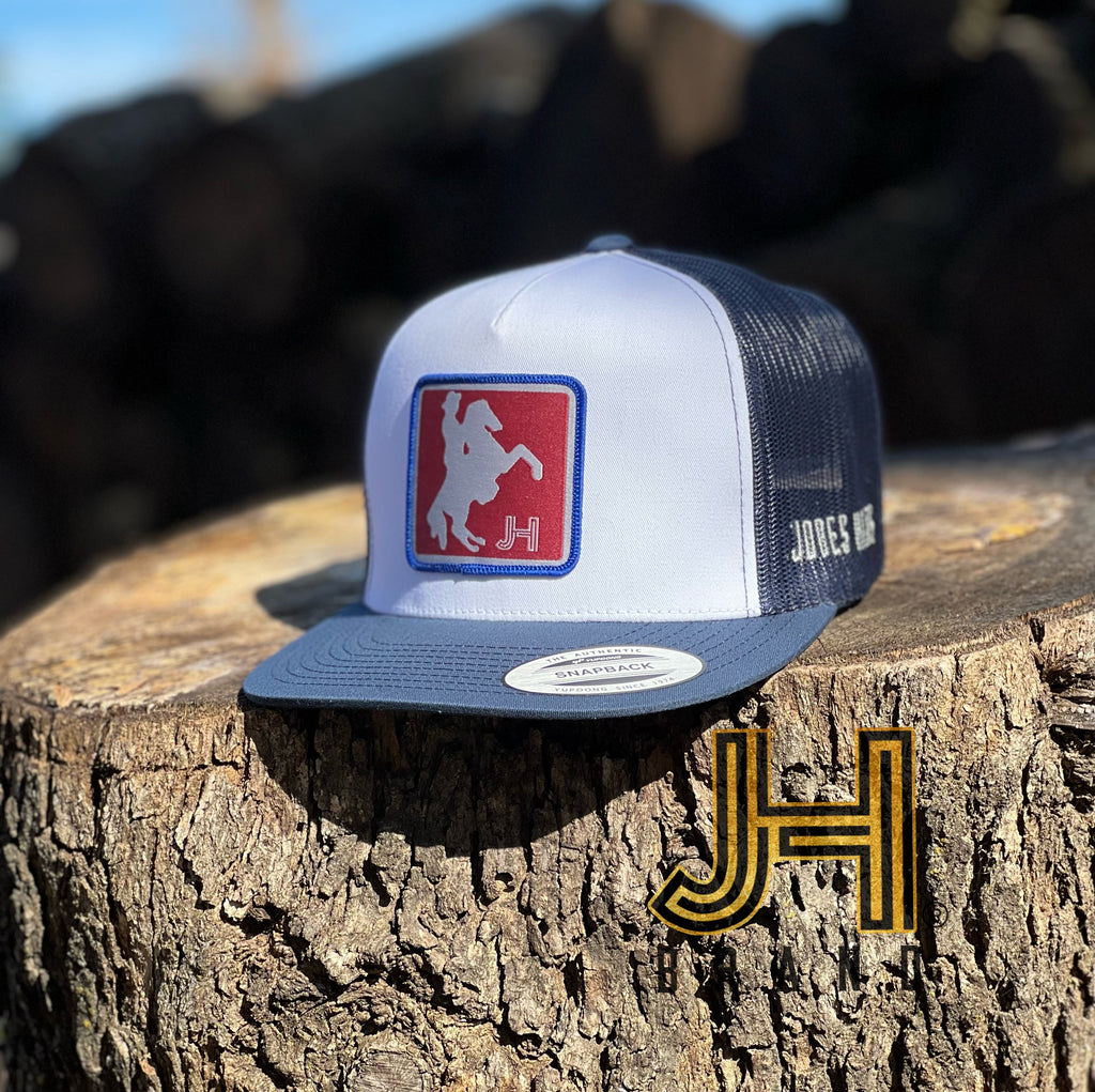 2022 Jobes Hats Trucker - All White / Navy Blue Mesh Viva Villa Patch - Jobes Hats