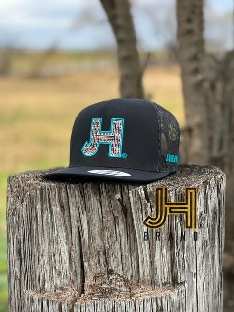 New 2023 Jobes Hats Trucker Cap -All Black Aztec Turquoise Outline - Jobes Hats