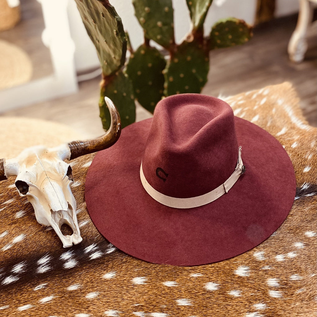 Charlie 1 Horse burgundy hat (L) with tan band Charlie 1 Horse Burgundy Tee Pee 4X Felt Hat main image 4