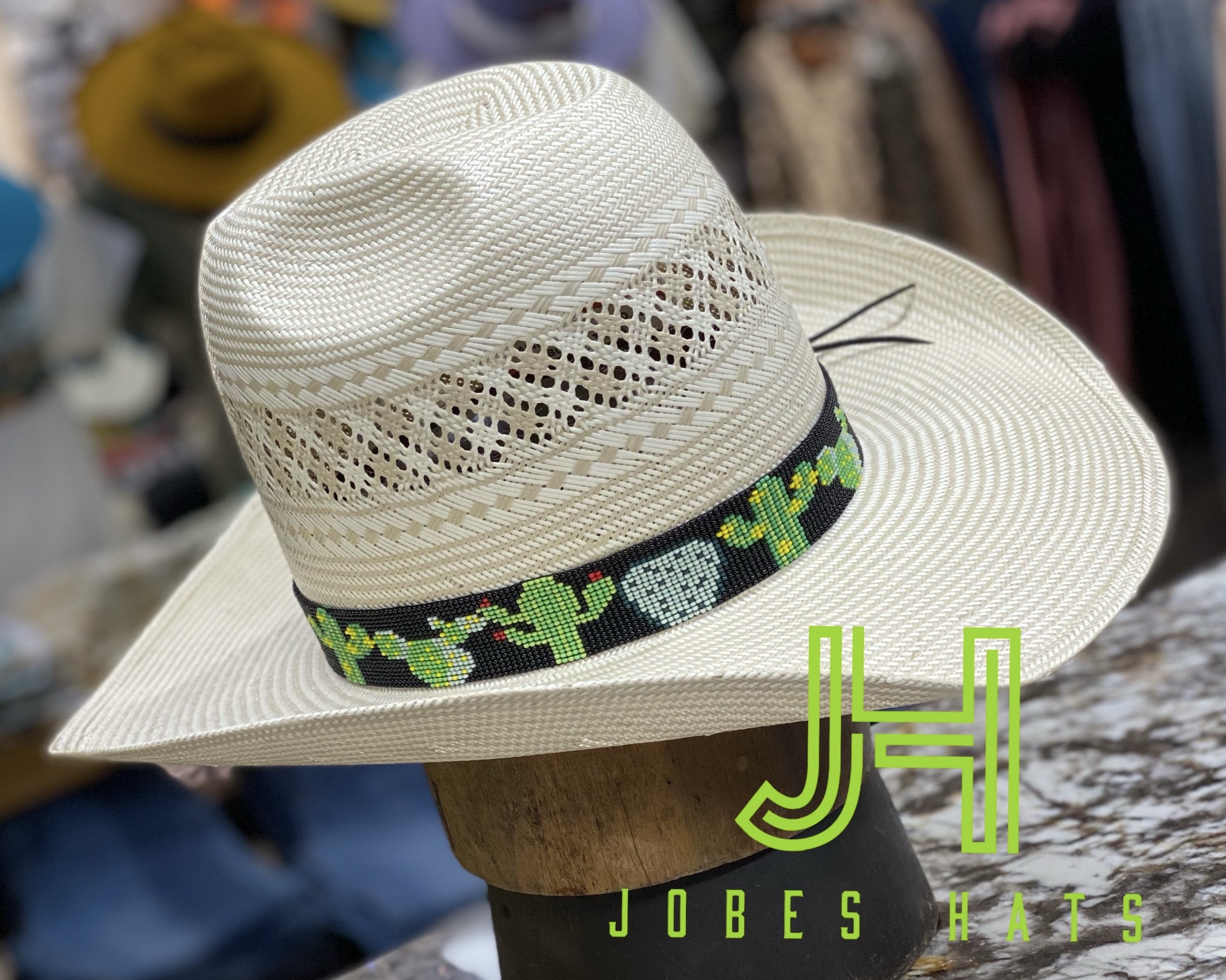 JH Wide Handmade Beaded Hatband black cactus - Jobes Hats