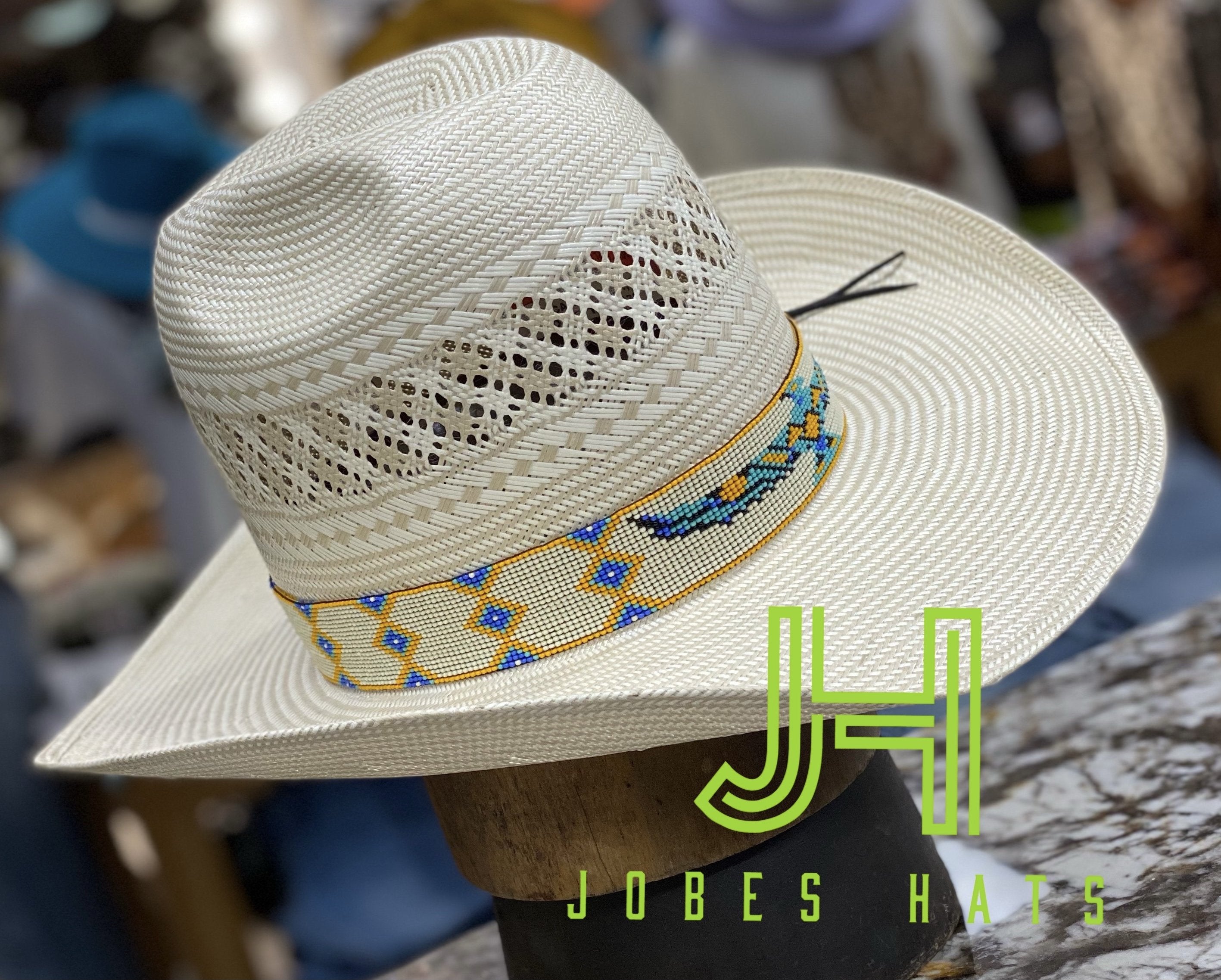 JH Wide Handmade Beaded Hatband black turq bird - Jobes Hats