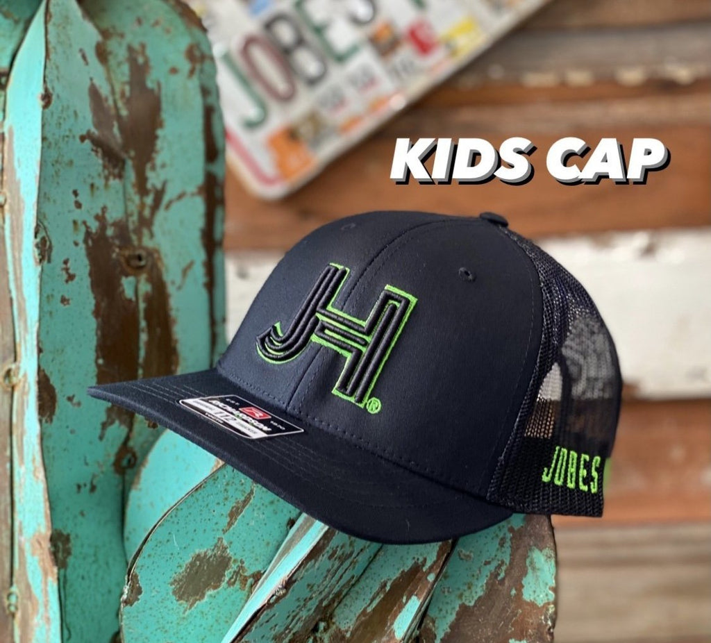 Kids Jobes Hats Trucker - All Black 3D JH Black/ Neon Green outline-Jobes Hats-Jobes Hats