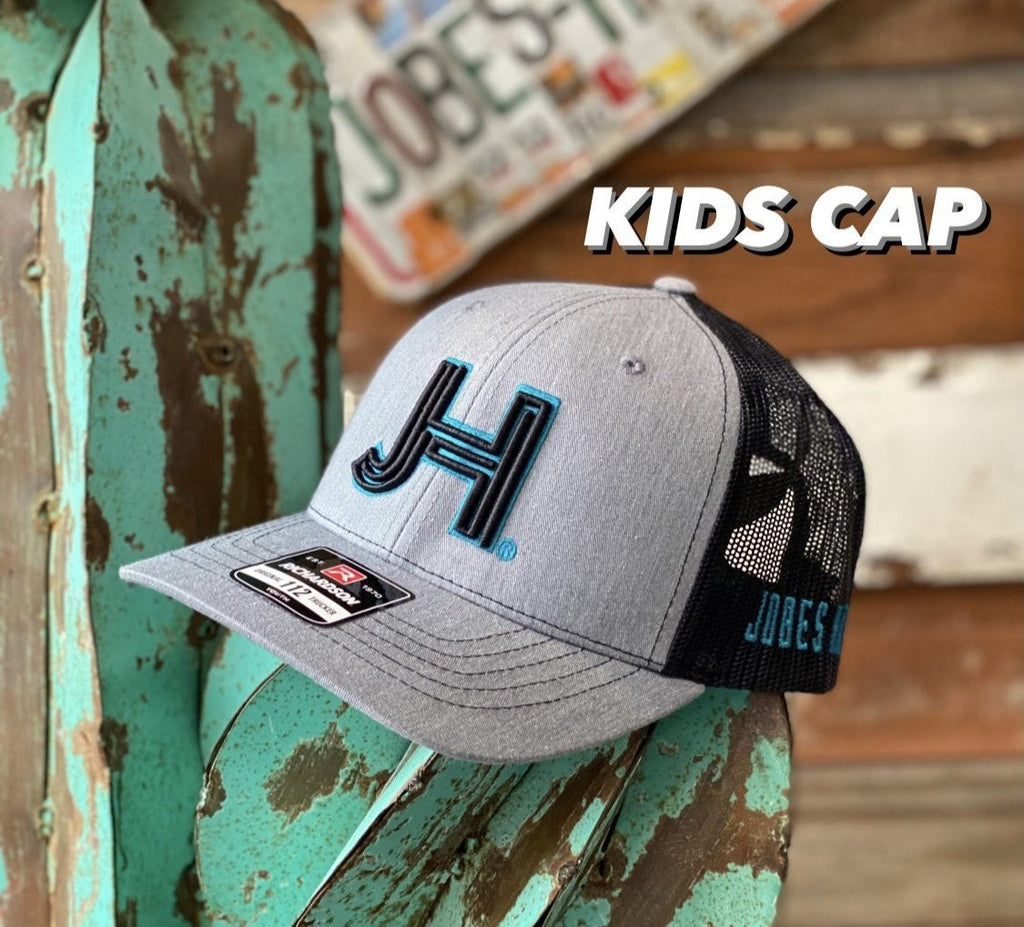 Kids Jobes Hats Trucker - Grey/White 3D Black JH Turquoise outline-Jobes Hats-Jobes Hats