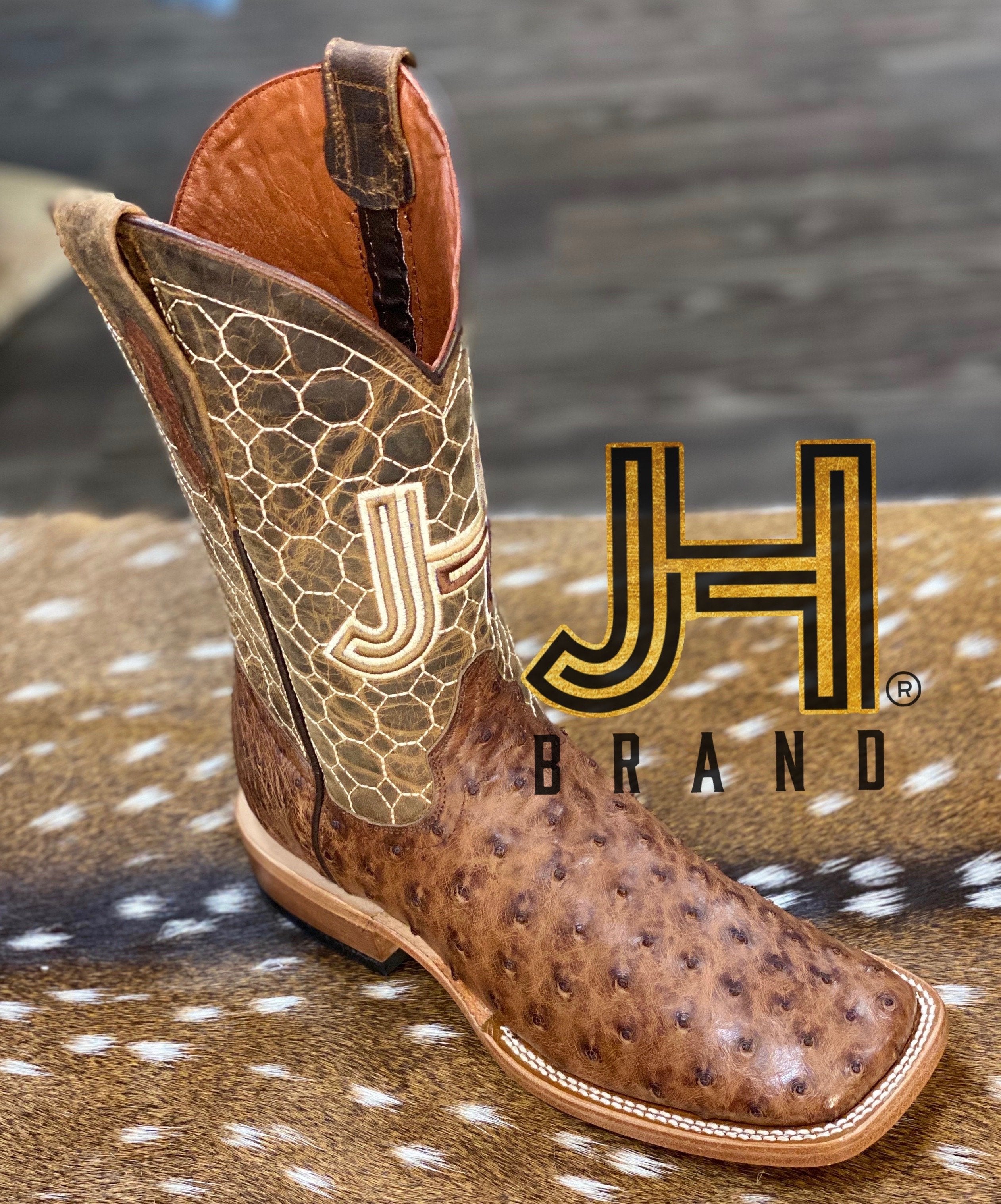 Mens JH Full Quill Ostrich Square Toe Boots Color Cafe Panal Tops