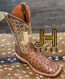 Mens JH Full Quill Ostrich Square Toe Boots “Color Cafe” Panal Tops