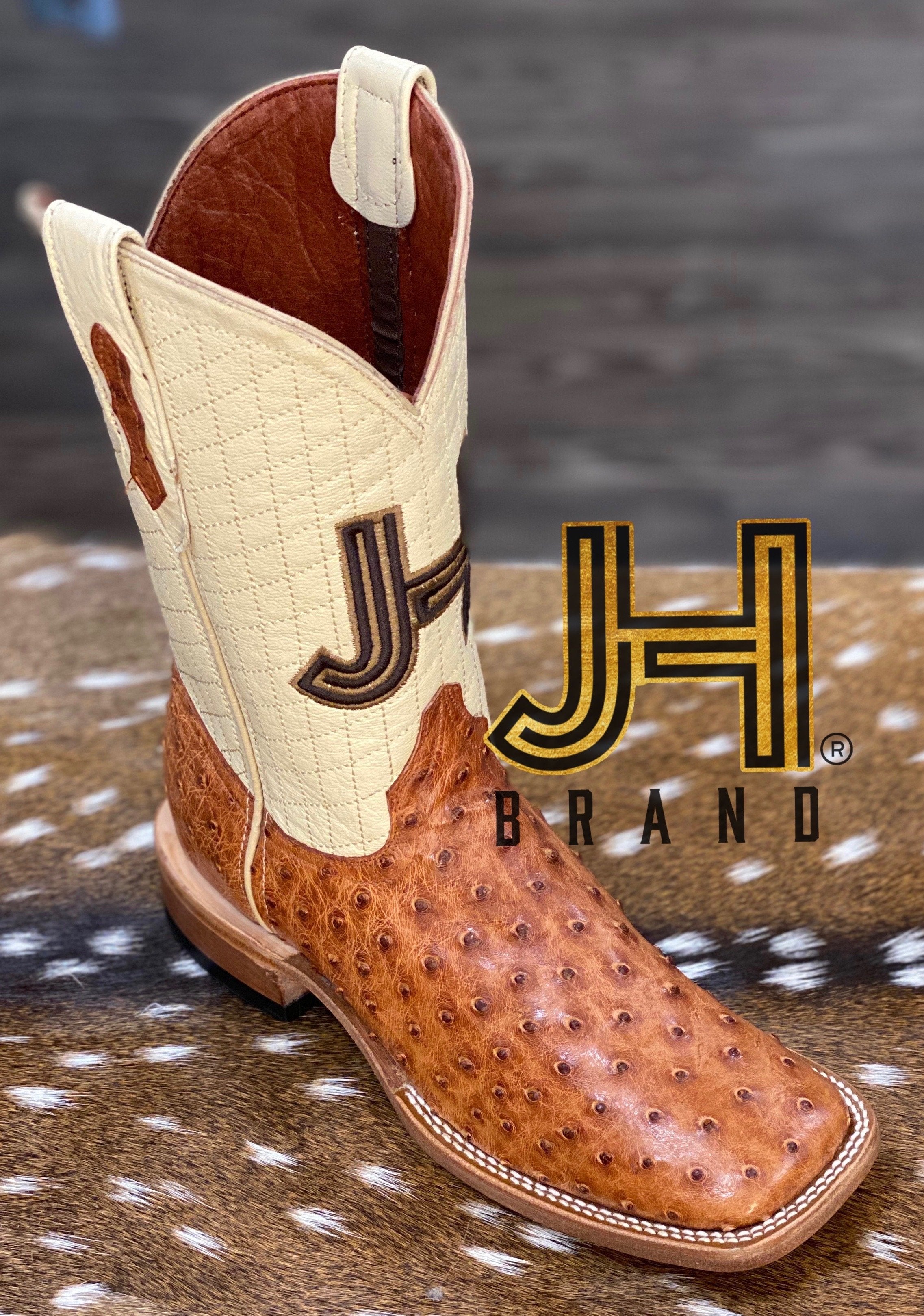 Mens JH Full Quill Ostrich Square Toe Boots Cognac” | Hats