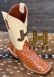 Mens JH Full Quill Ostrich Square Toe Boots “Color Cognac”