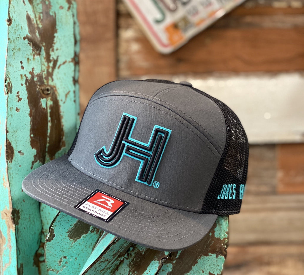 NEW 2021 Jobes Hats 7 Panel Trucker - Charcoal Gray Black JH Turquoise Outline (Limited Edition)-Jobe's Hats-Jobes Hats