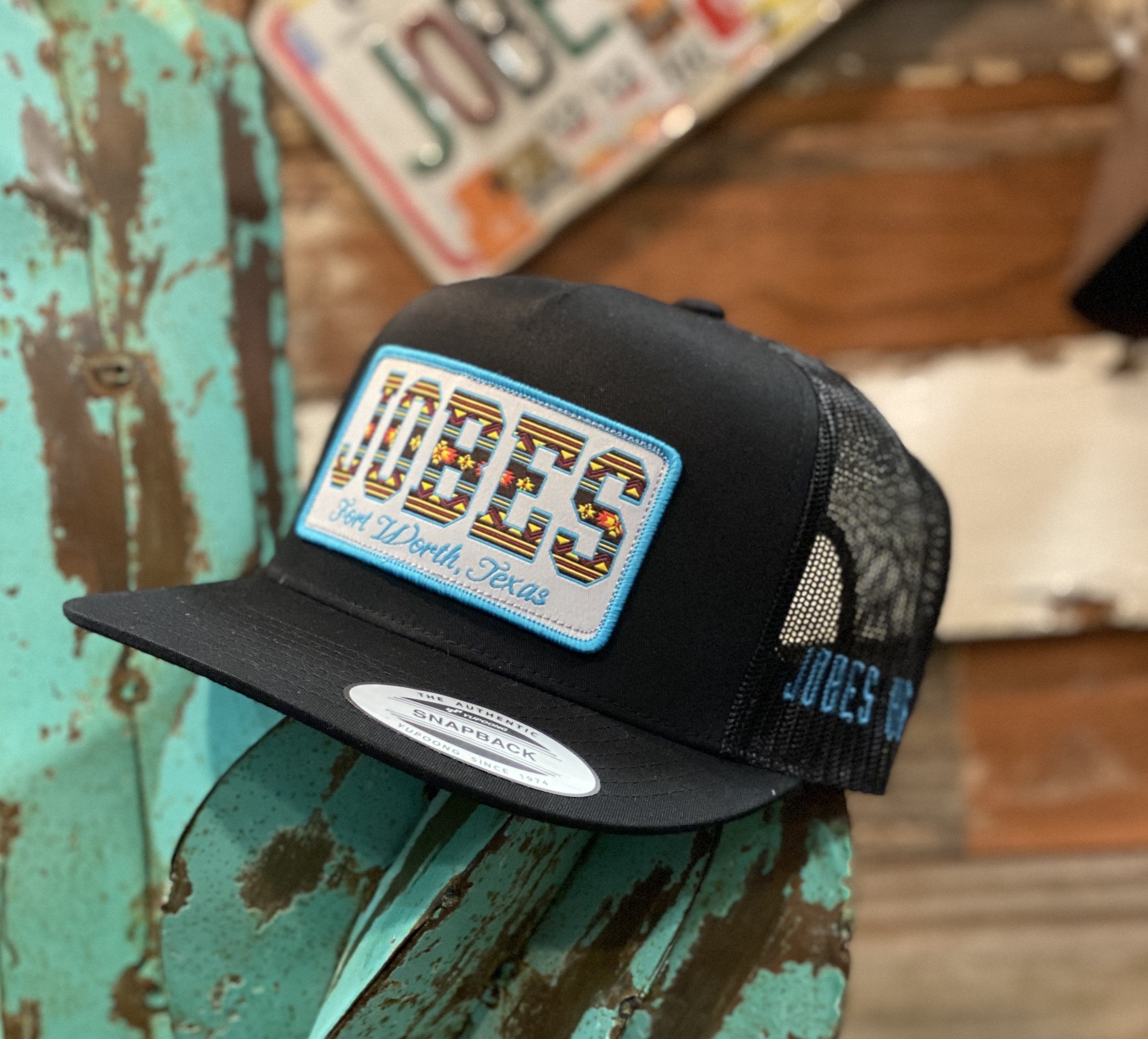New 2020 Jobes Hats Trucker - All Black Serape patch / Blue Border - Jobes Hats