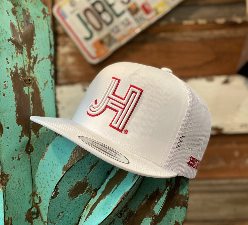 New 2020 Jobes Hats Trucker - All White 3D white JH/Red outline - Jobes Hats