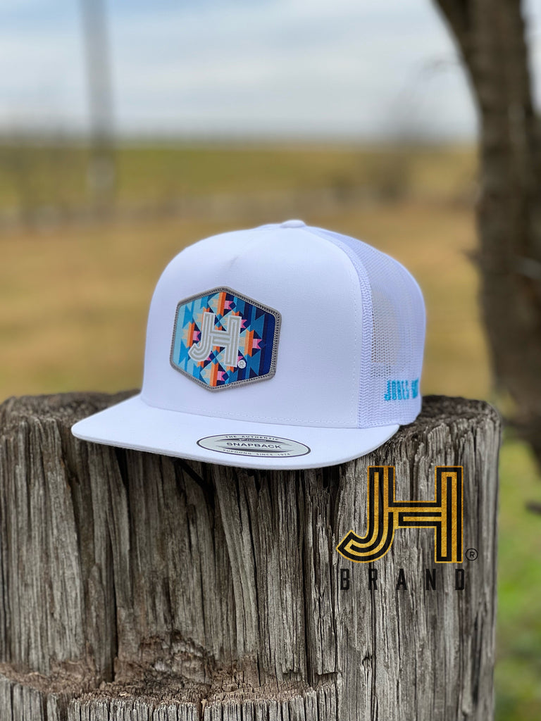 New 2022 Jobes Trucker Cap-  All White JH Multi Aztec Patch - Jobes Hats