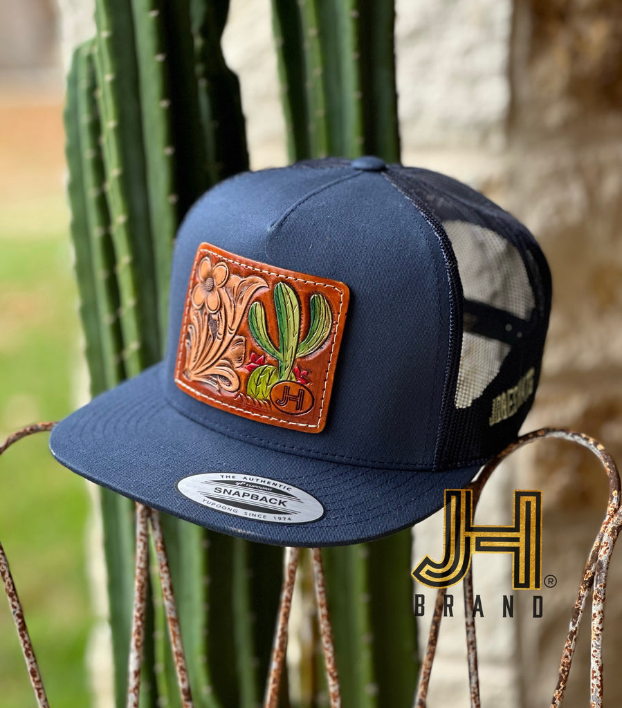2023 Jobes Leather Patch Trucker - All Navy Cactus Leather patch (Limited Edition) - Jobes Hats
