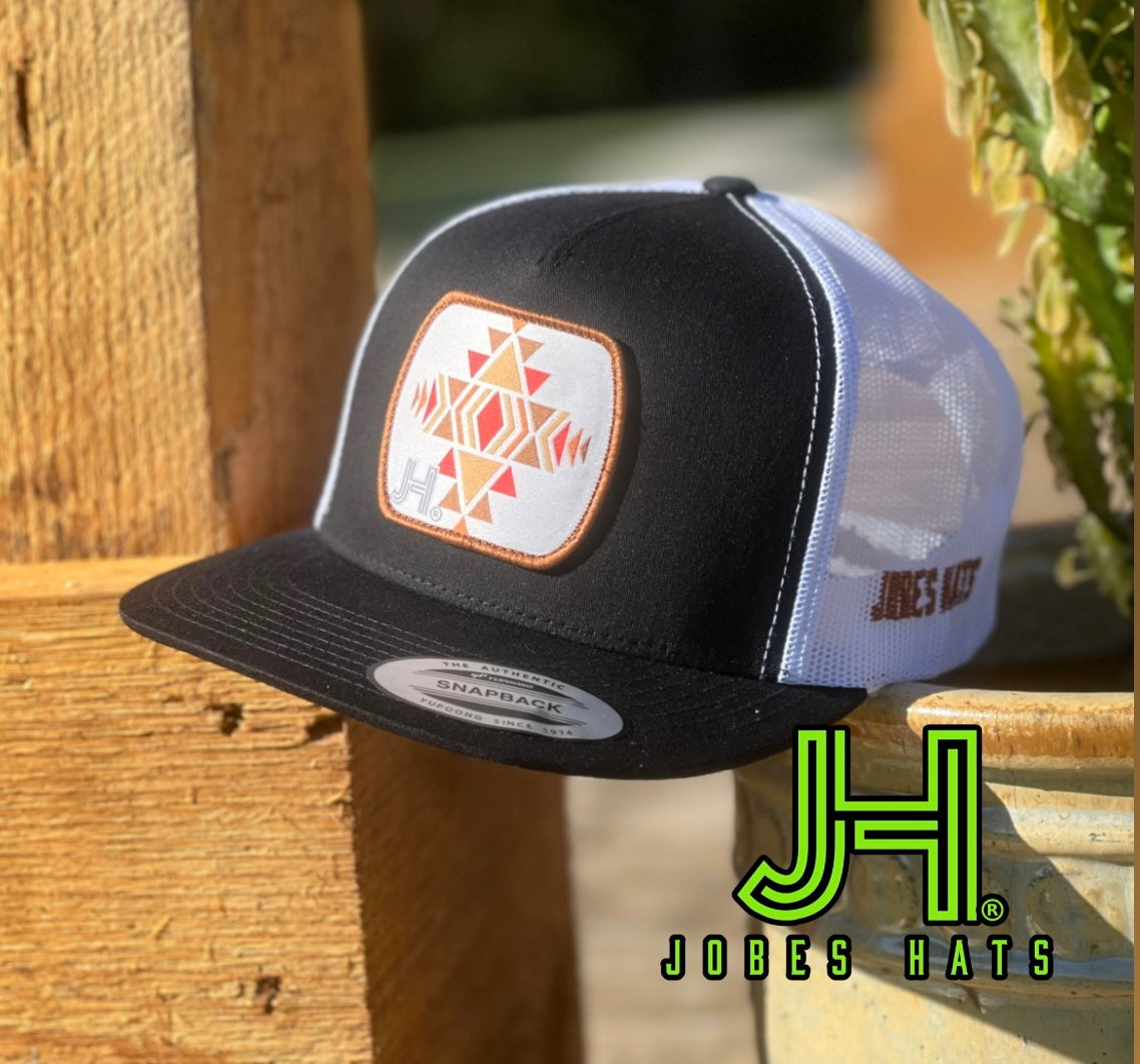 New 2022 Jobes Trucker Cap- Black/White Rust Aztec Patch - Jobes Hats