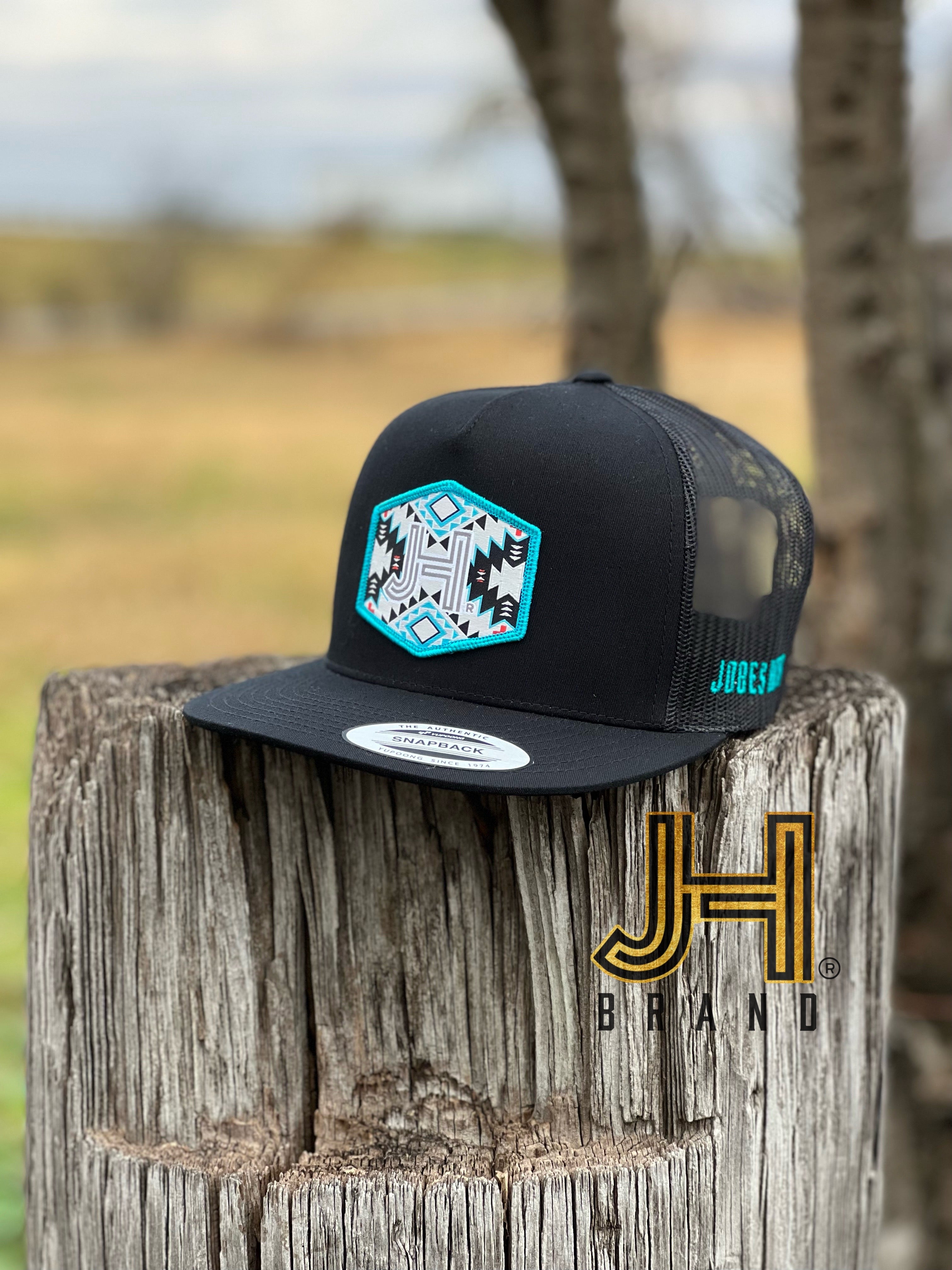 New 2022 Jobes Trucker Cap- All Black JH Turquoise Aztec Patch | Jobes Hats