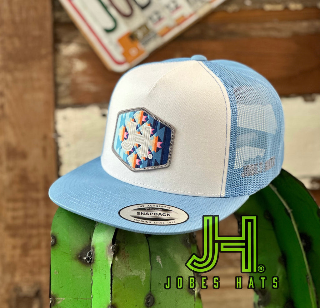 NEW 2023 Jobes Trucker Cap - White/Baby Blue multi color Aztec patch - Jobes Hats