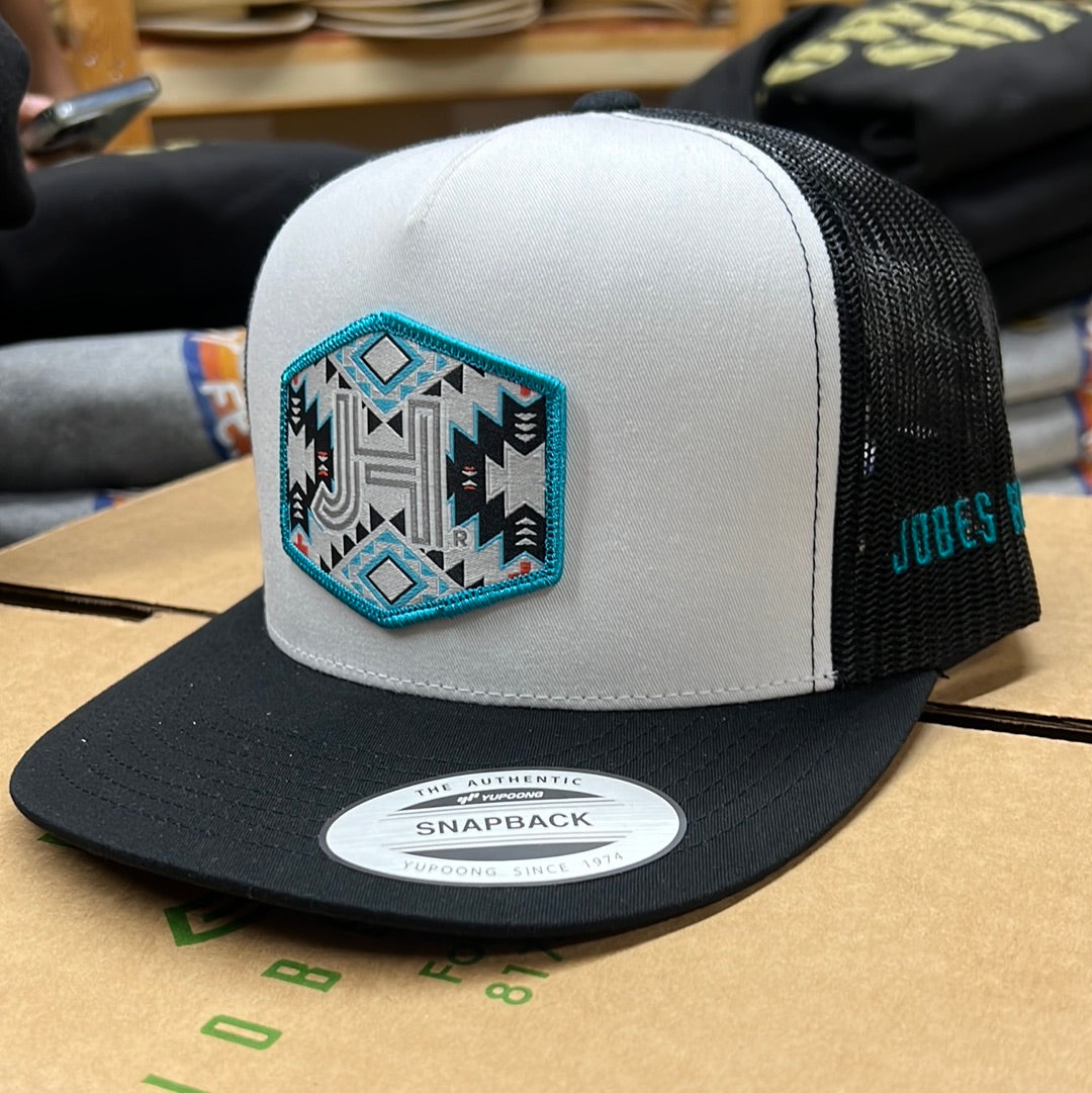 New 2022 Jobes Trucker Cap-  White/Black JH Turquoise Aztec Patch - Jobes Hats