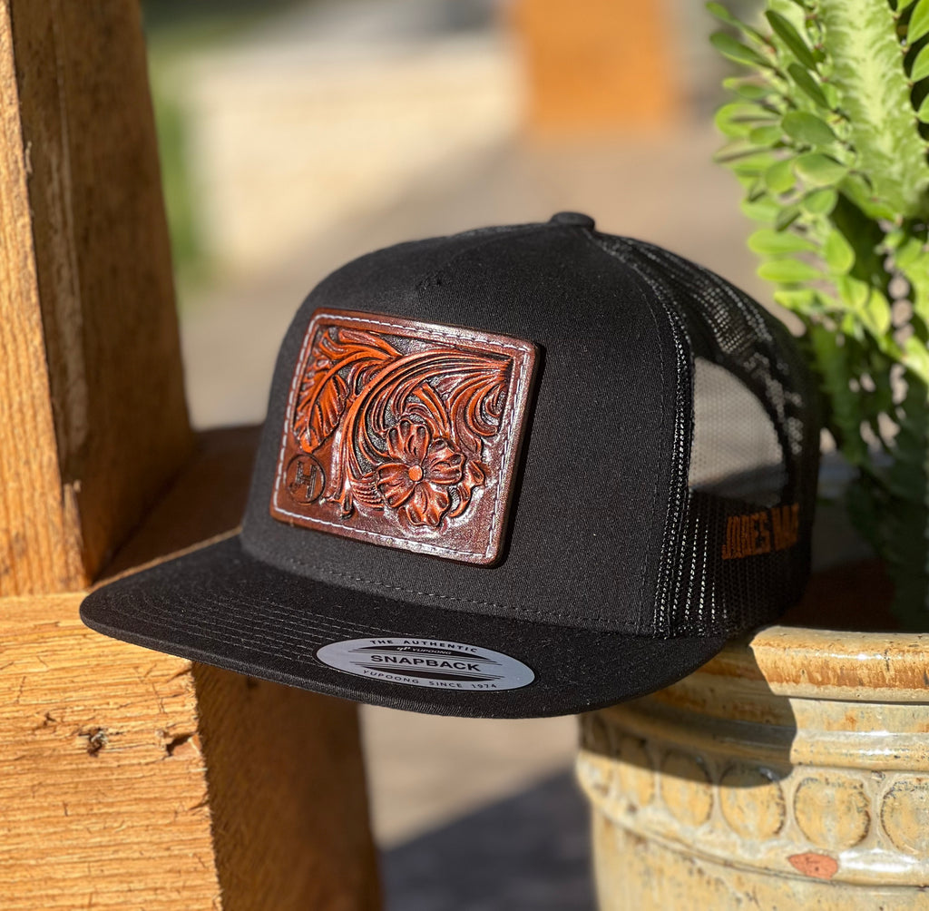 2022 Jobes Leather Patch Trucker - All Black Rust Leather patch (Limited Edition) - Jobes Hats
