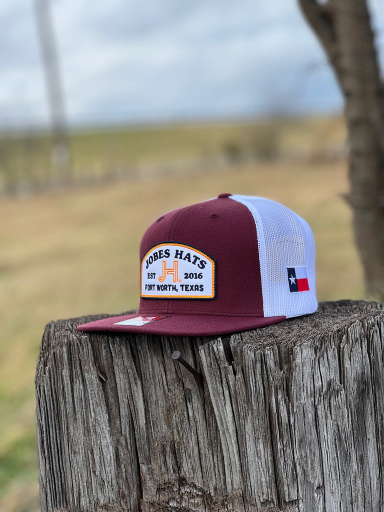 2022 Jobes Hats Trucker - Maroon/White JH yellow and white patch - Jobes Hats