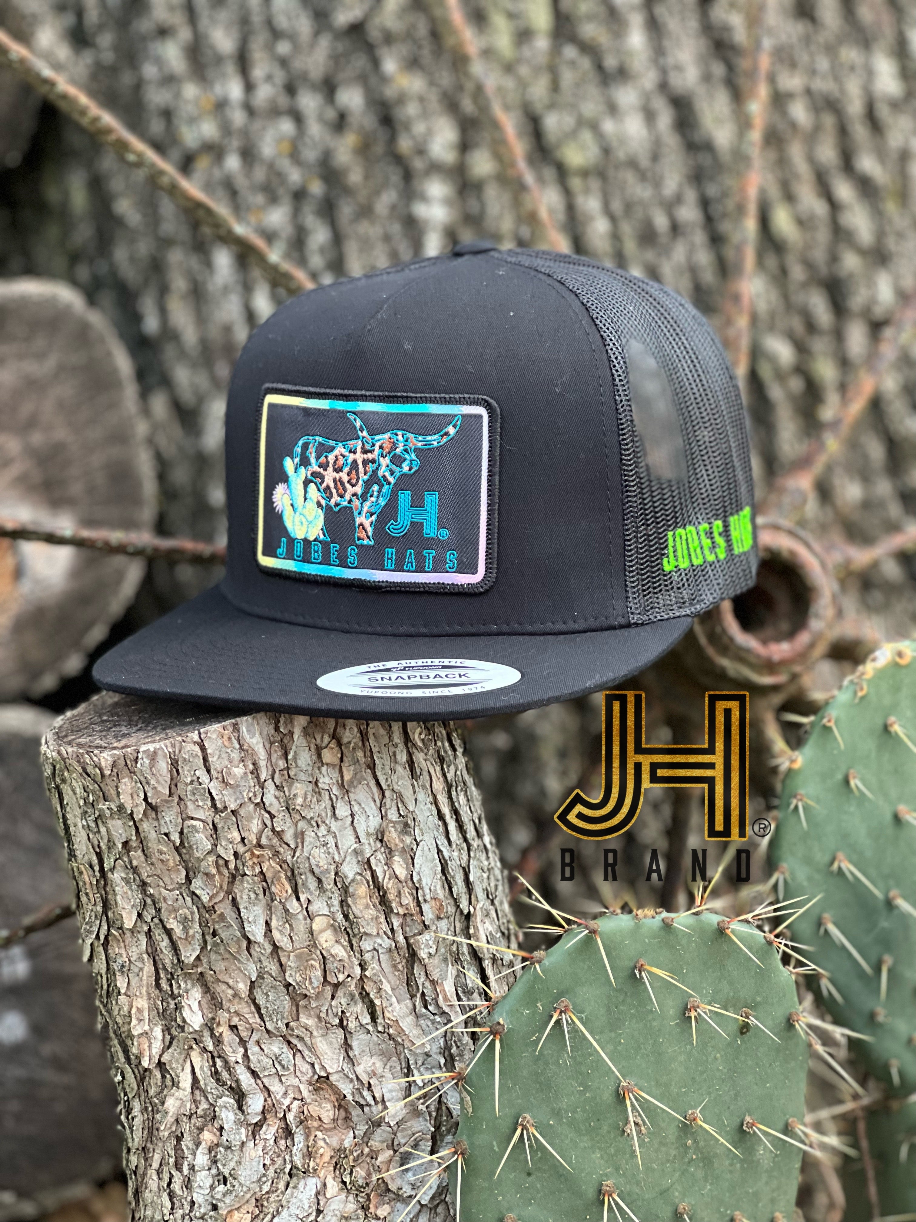 New 2022 Jobes Hats Trucker cap -All Black Neon Longhorn patch - Jobes Hats