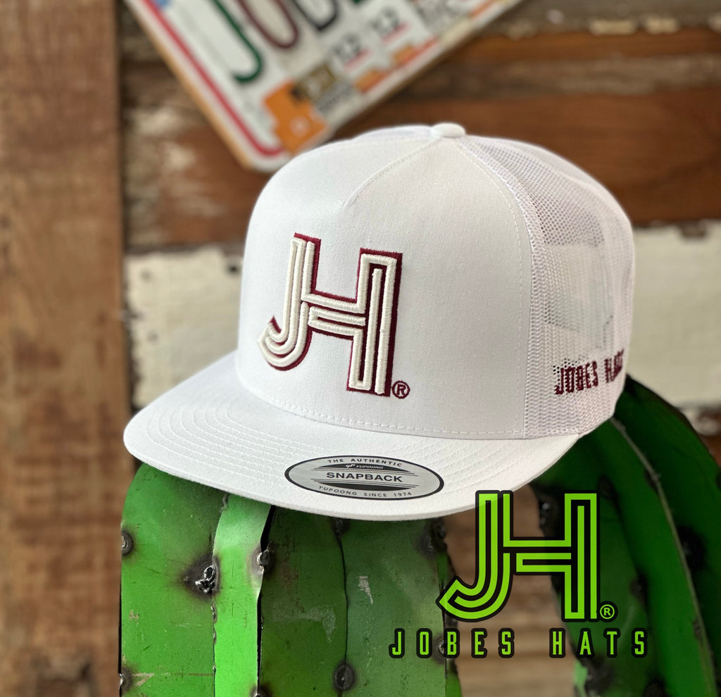 NEW 2023 Jobes Trucker Cap - All White 3D White JH/maroon outline - Jobes Hats