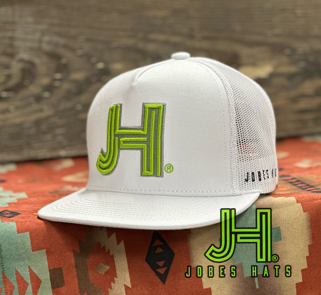 NEW 2023 Jobes Trucker Cap - All White 3D Neon Green/Charcoal outline - Jobes Hats