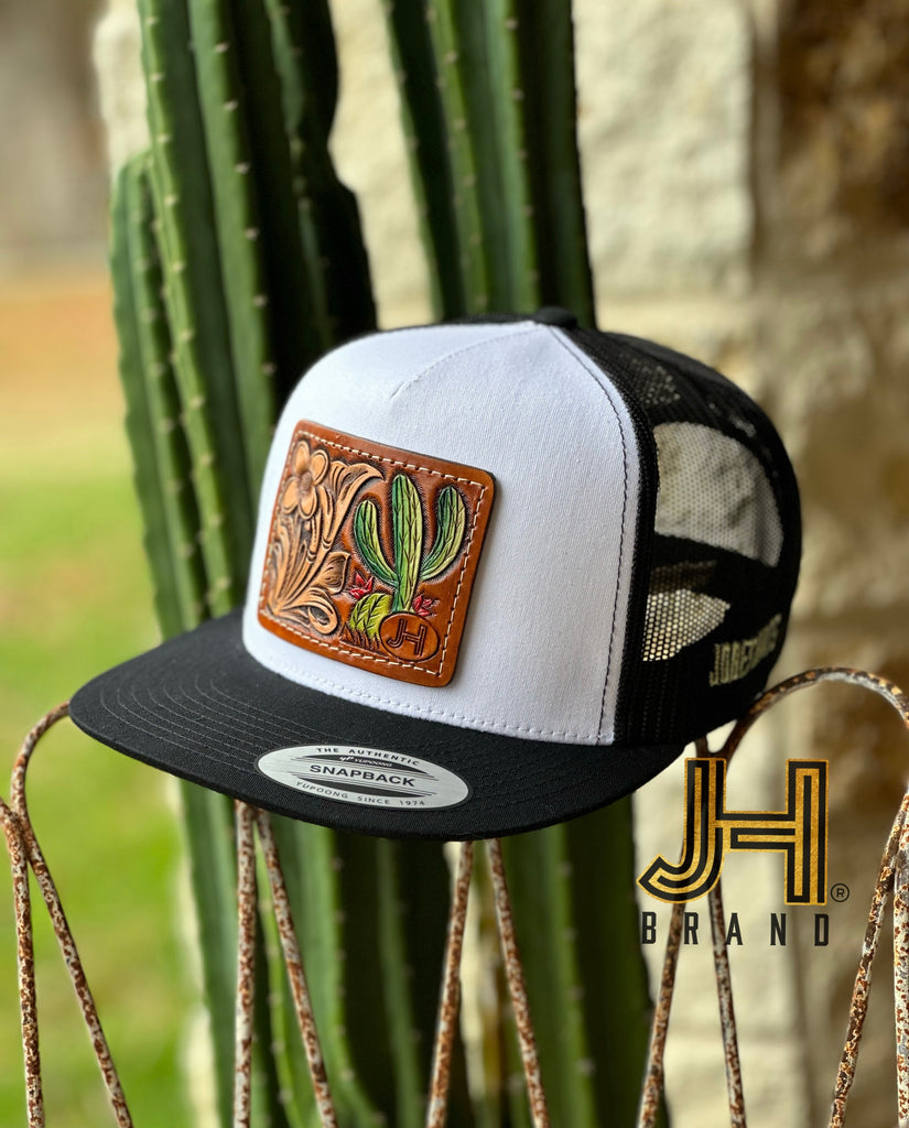2023 Jobes Leather Patch Trucker - White/Black Cactus Leather patch (Limited Edition) - Jobes Hats