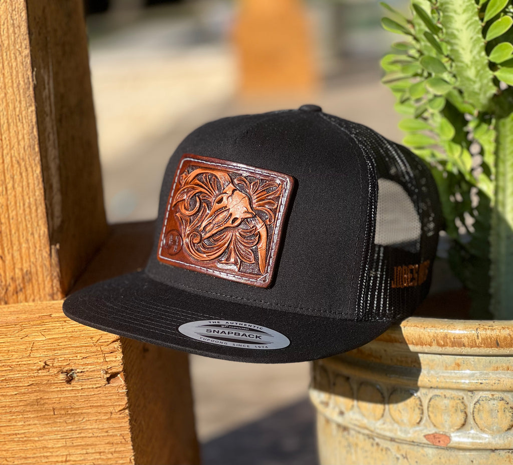 2022 Jobes Leather Patch Trucker - All Black Skull Leather patch (Limited Edition) - Jobes Hats