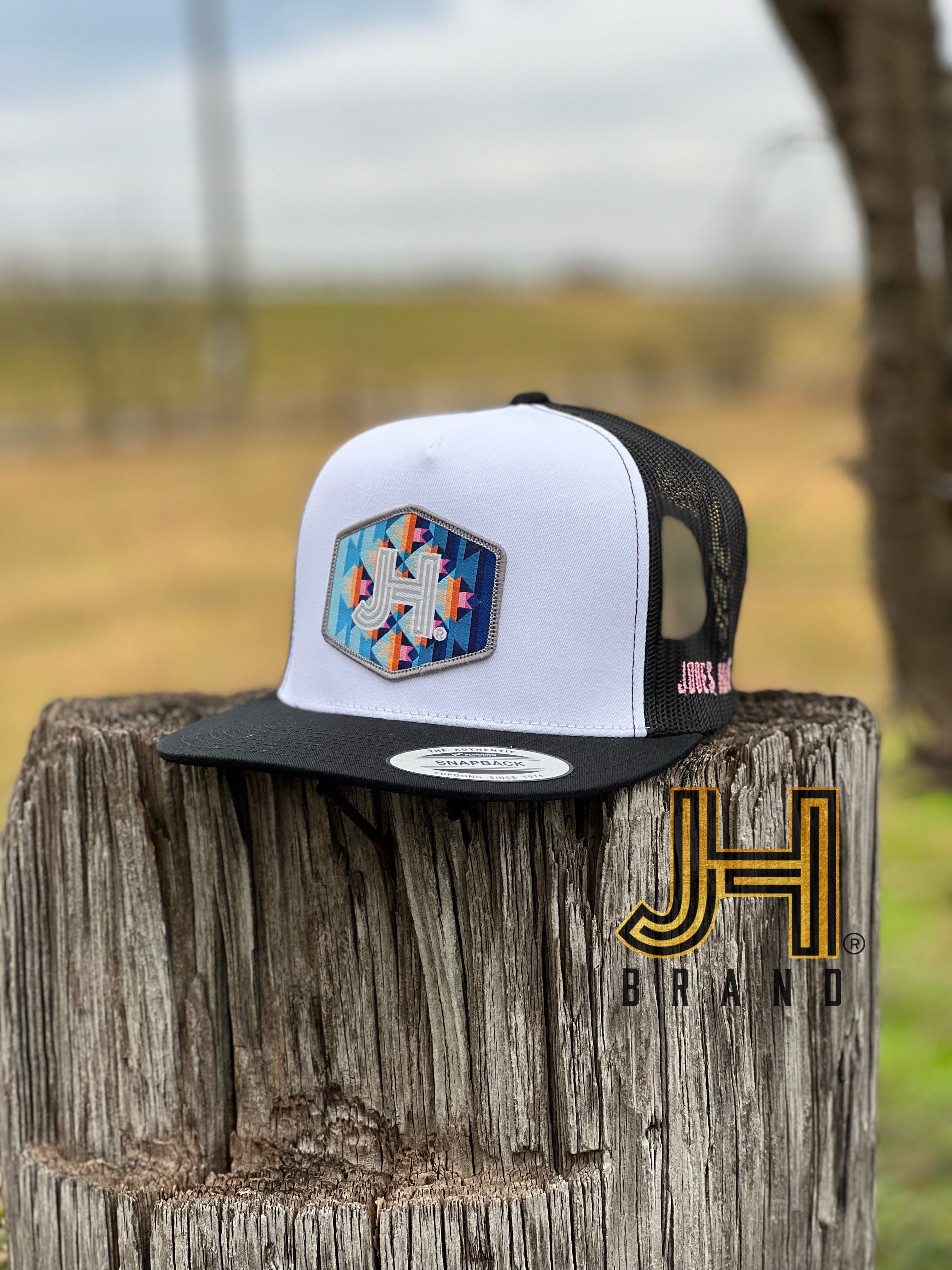 New 2022 Jobes Trucker Cap-  White/Black JH Multi Aztec Patch - Jobes Hats