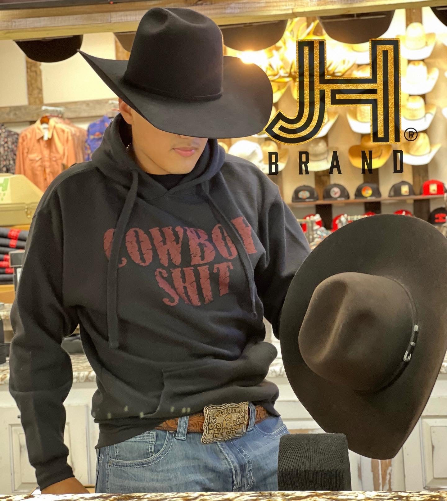 Cowboy Sh*t Mens Black Hoodie burgundy letters - Jobes Hats