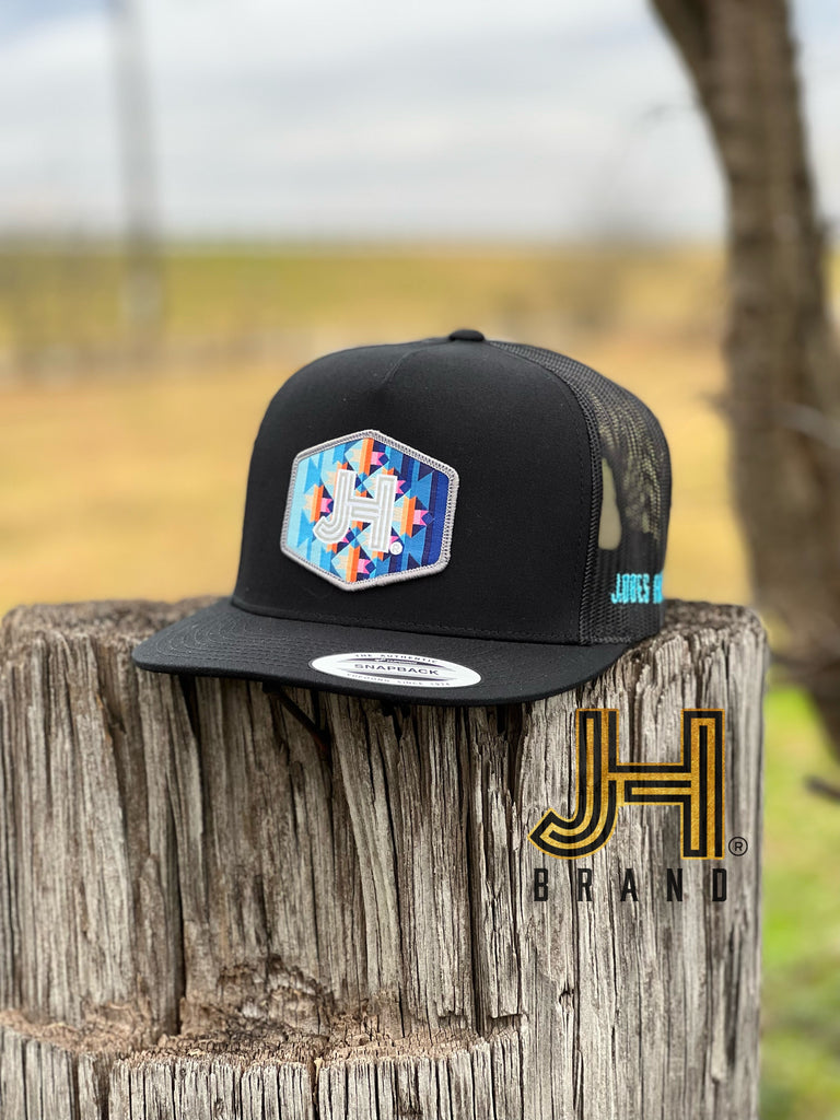 New 2022 Jobes Trucker Cap-  All Black JH Multi Aztec Patch - Jobes Hats