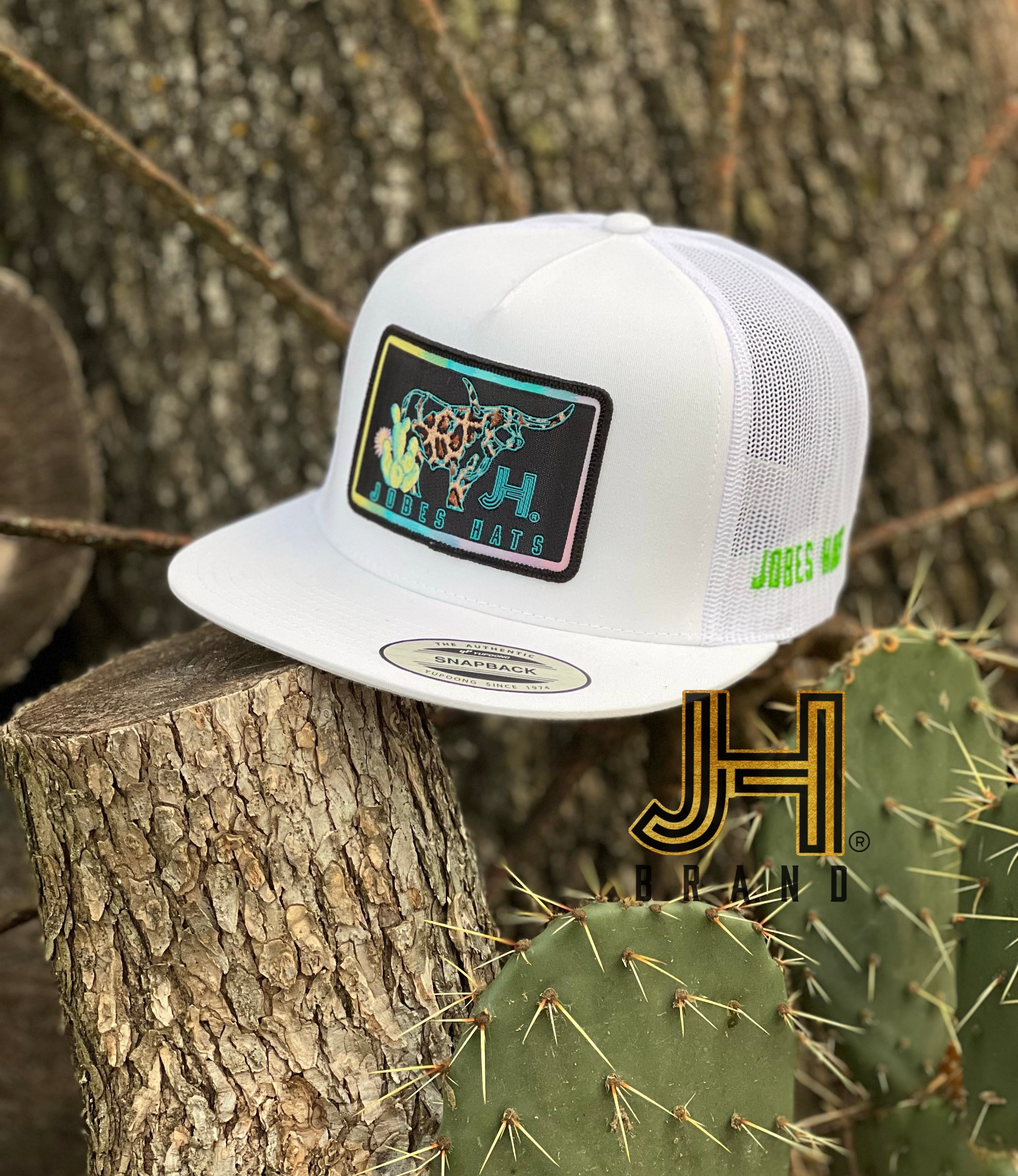New 2022 Jobes Hats Trucker cap -All White Neon Longhorn patch - Jobes Hats
