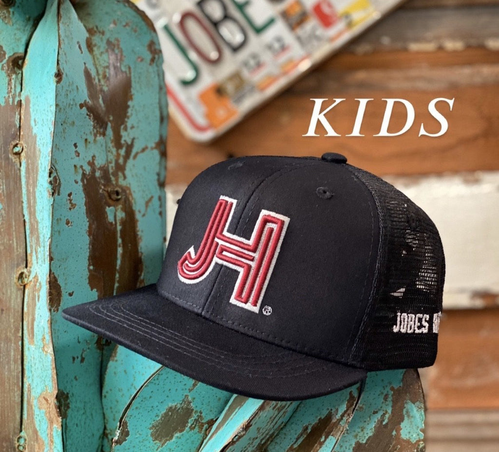 Kids Jobes Hats Trucker - All Black Kids 3D Maroon JH Silver outline - Jobes Hats