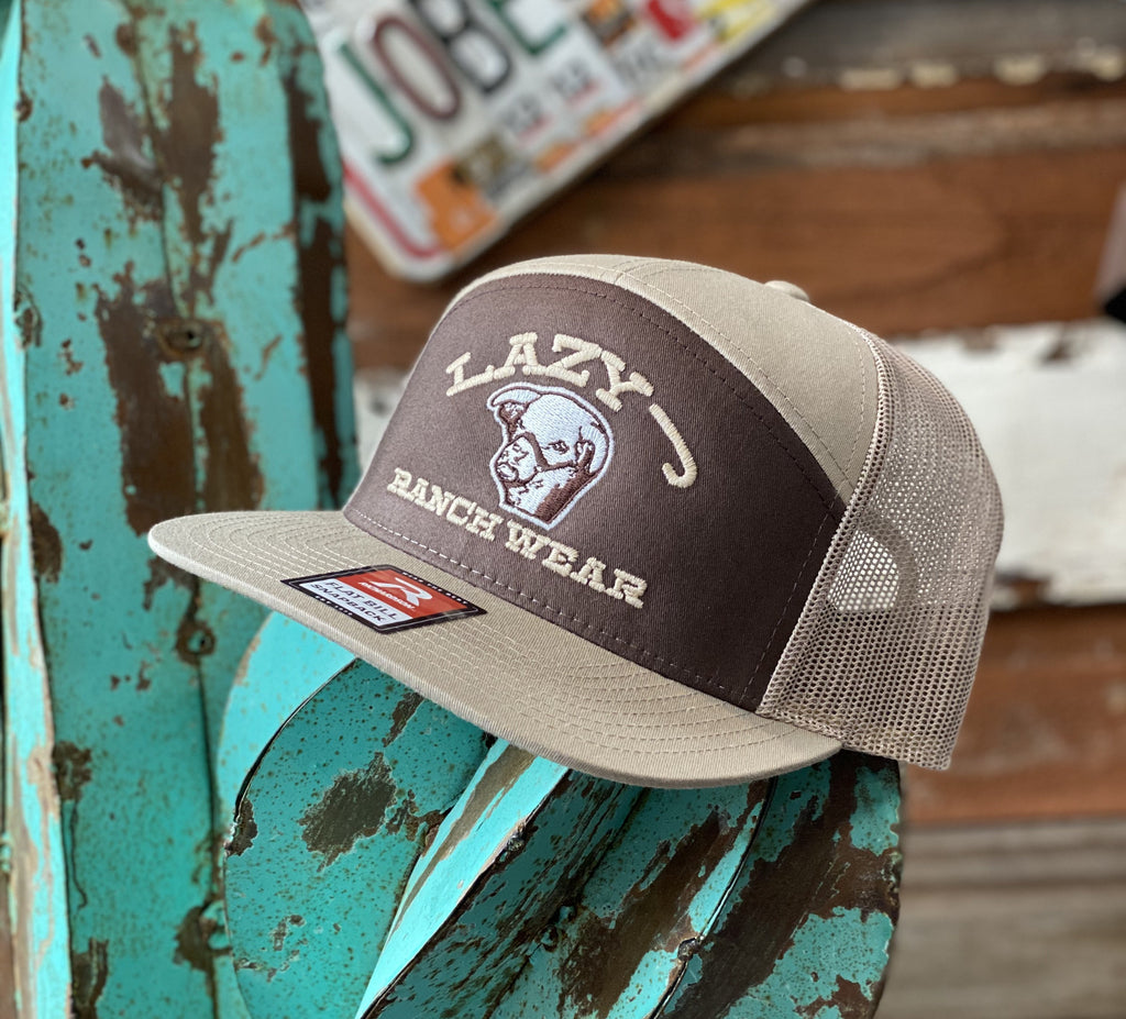 Lazy J cap - Brown and Tan embroidered Show Bull (7 panel cap) - Jobes Hats