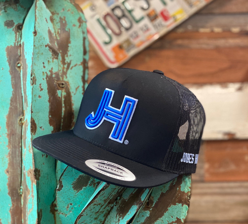 NEW 2021 Jobes Hats Trucker - All Black Cap 3D Royal Blue JH Light Blue Outline  (Limited Edition) - Jobes Hats