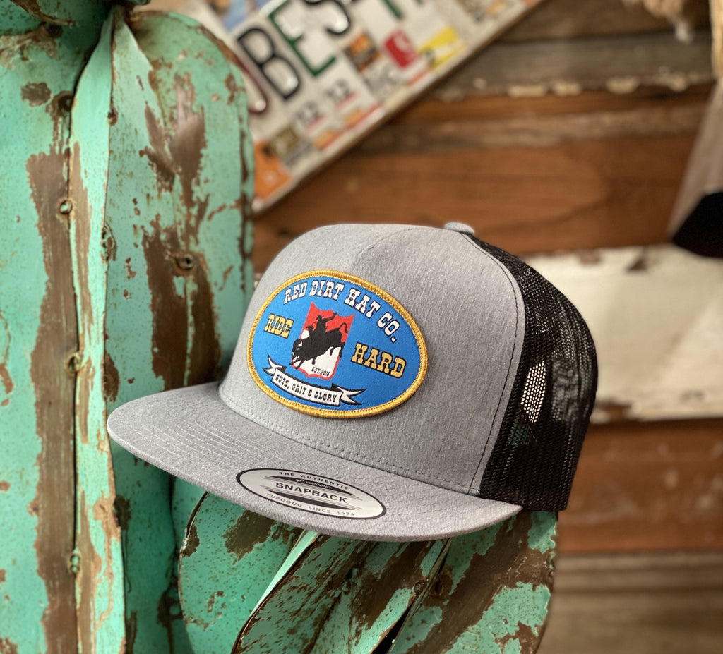 Red Dirt Hat Co. - Grey/Black Ride Hard oval patch - Jobes Hats
