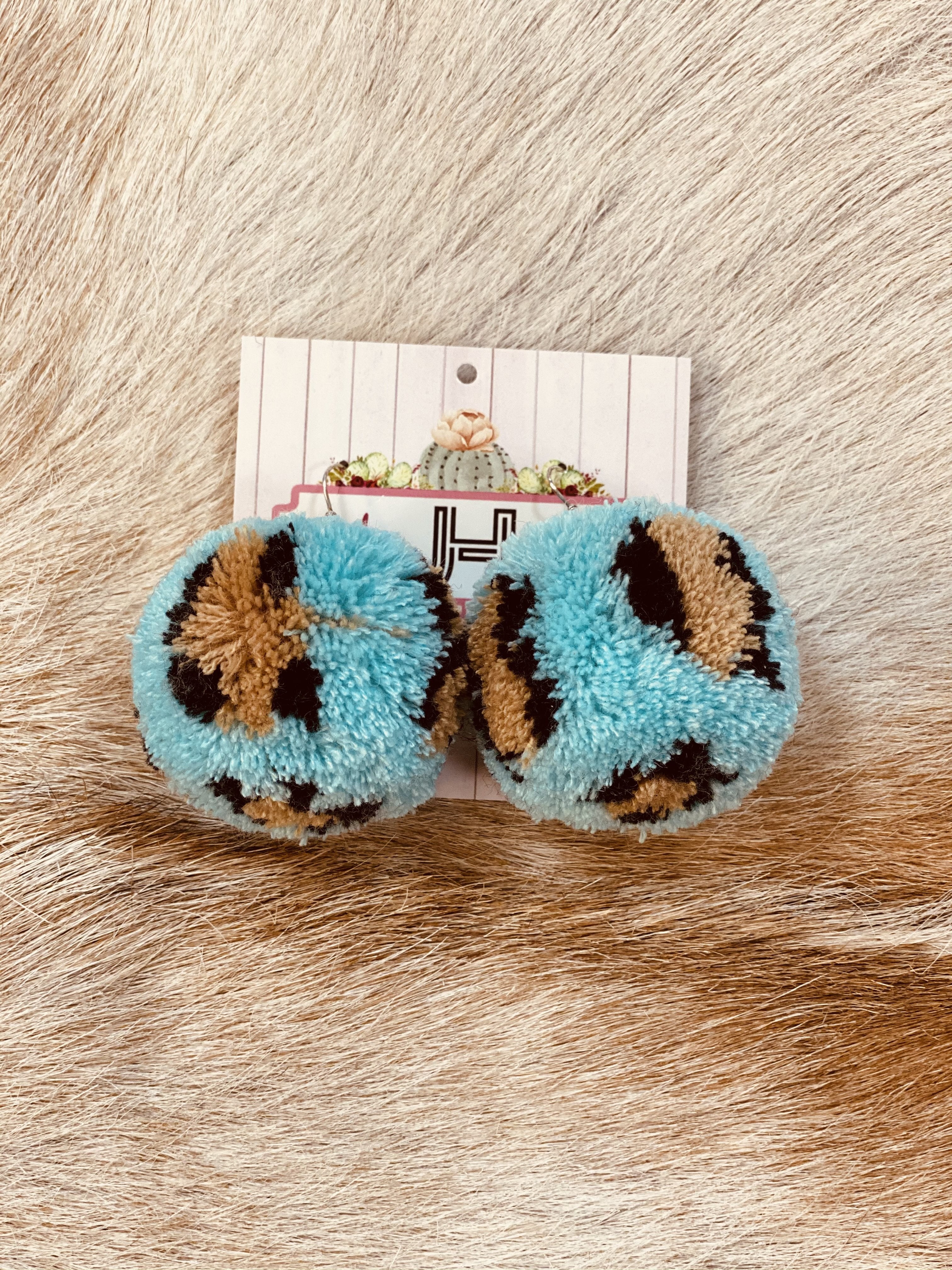 Turquoise Leopard Pom Pom Earrings - Jobes Hats