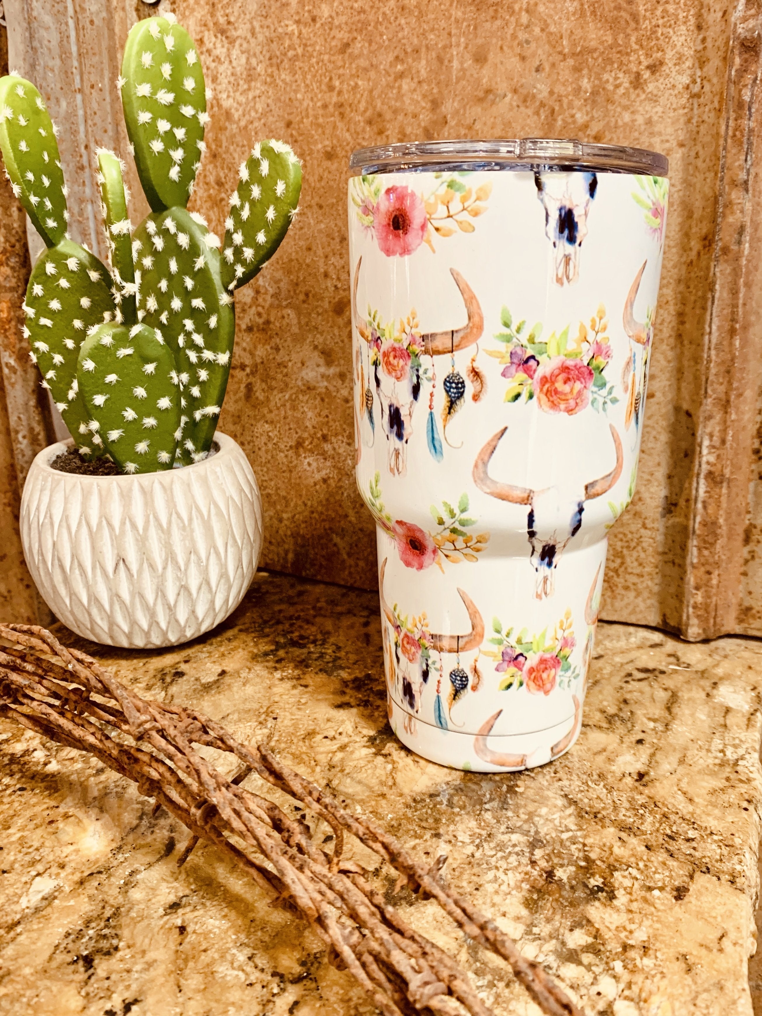 White Floral Bull Tumbler - Jobes Hats
