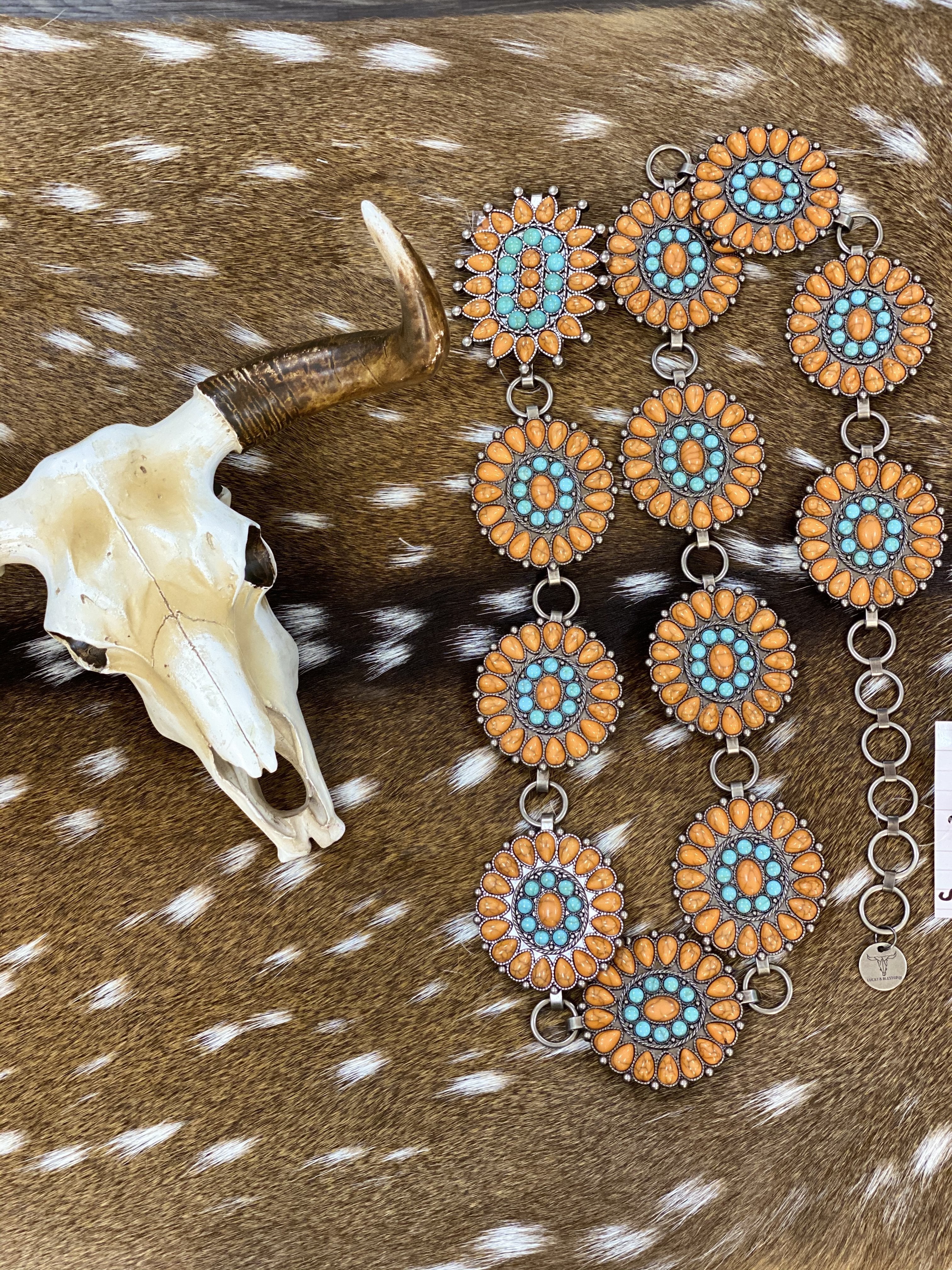 Women’s Turquoise/Orange Chain Concho Belt - Jobes Hats